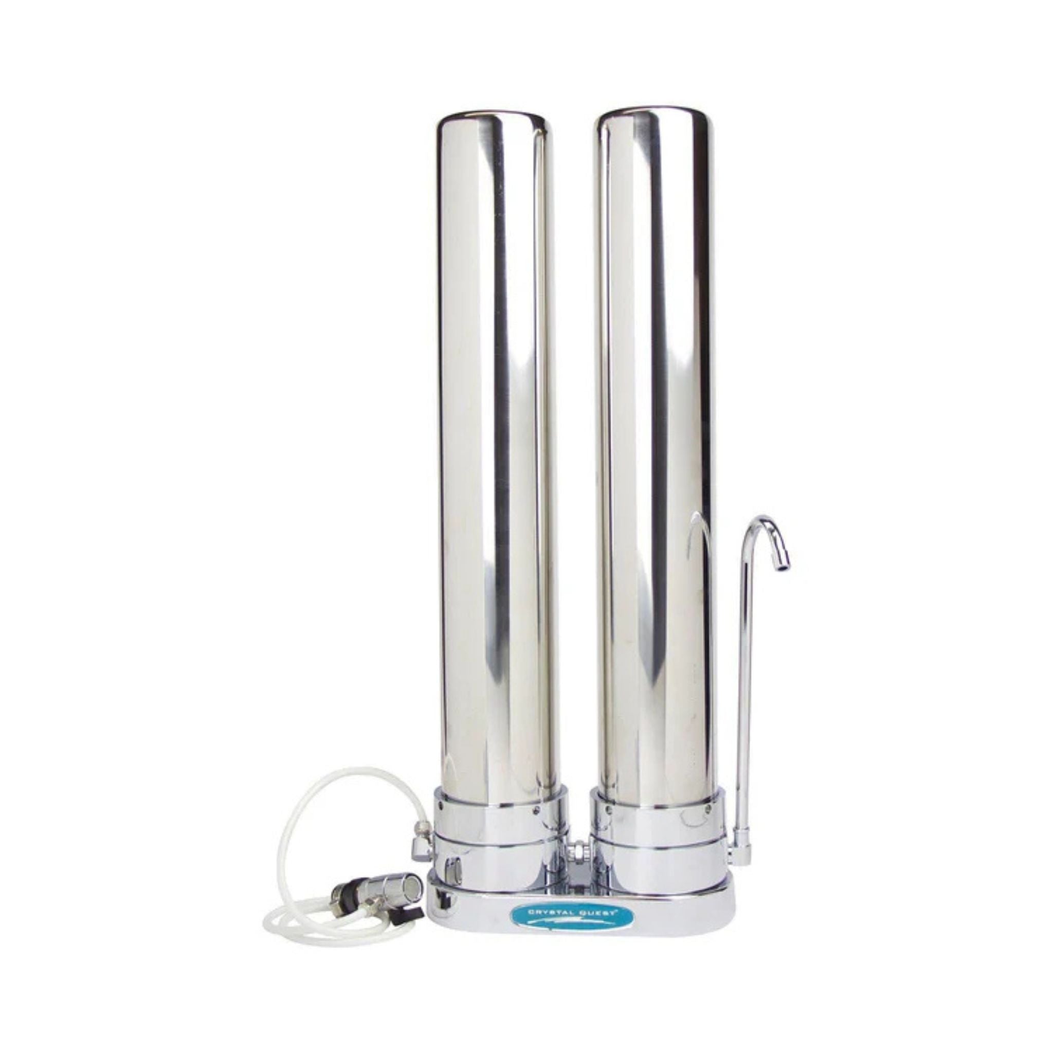 Stainless steel water dispenser with two cylindrical tanks on a white background