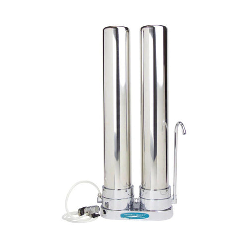 Stainless steel water dispenser with two cylindrical tanks on a white background