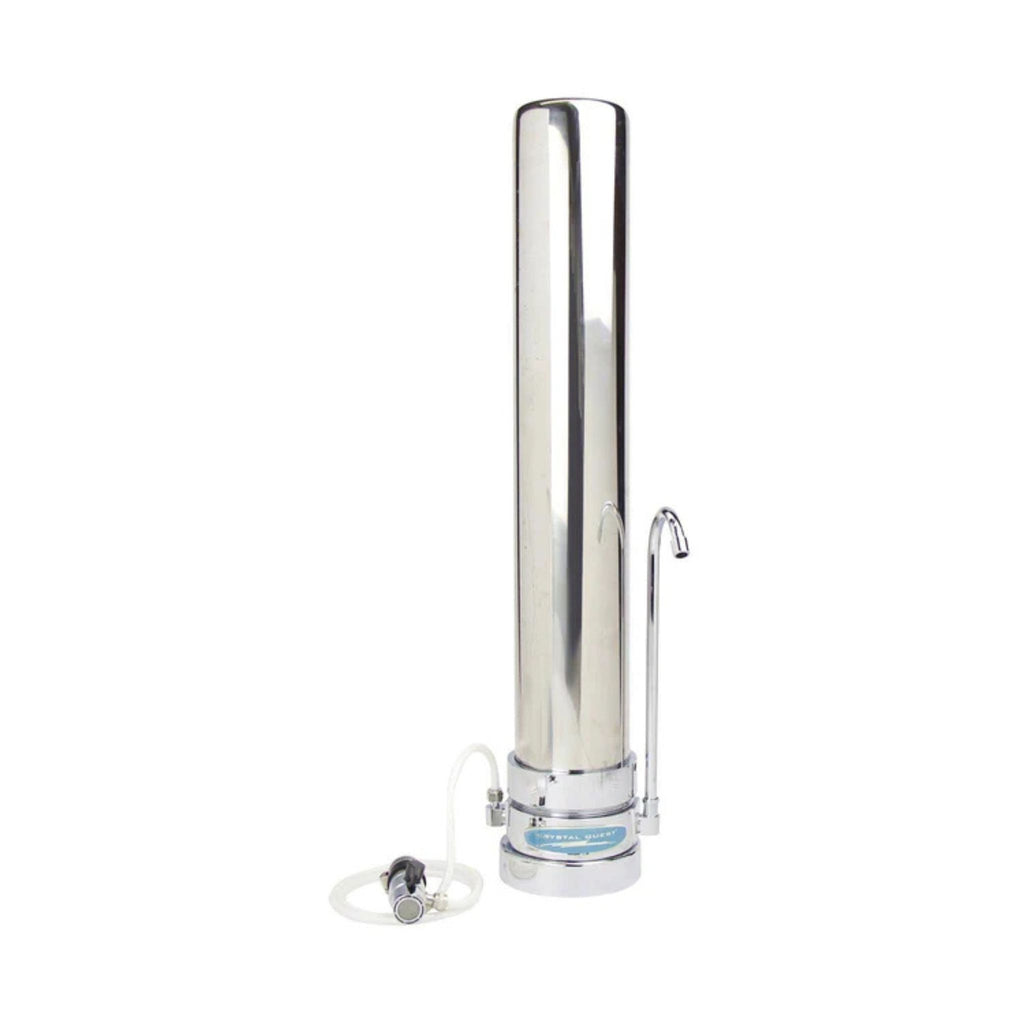 Stainless steel water filter on a white background