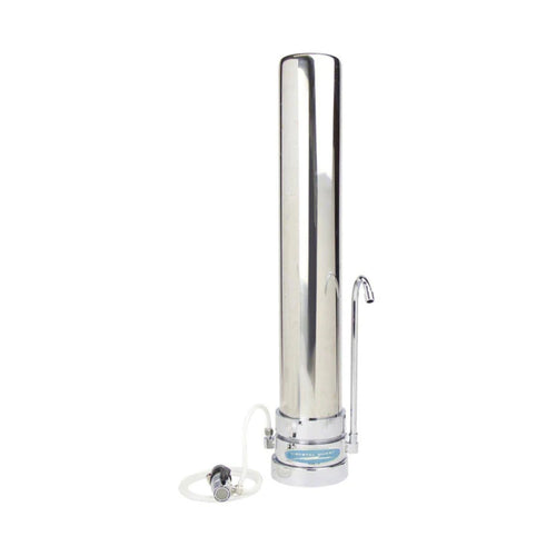Stainless steel water filter on a white background