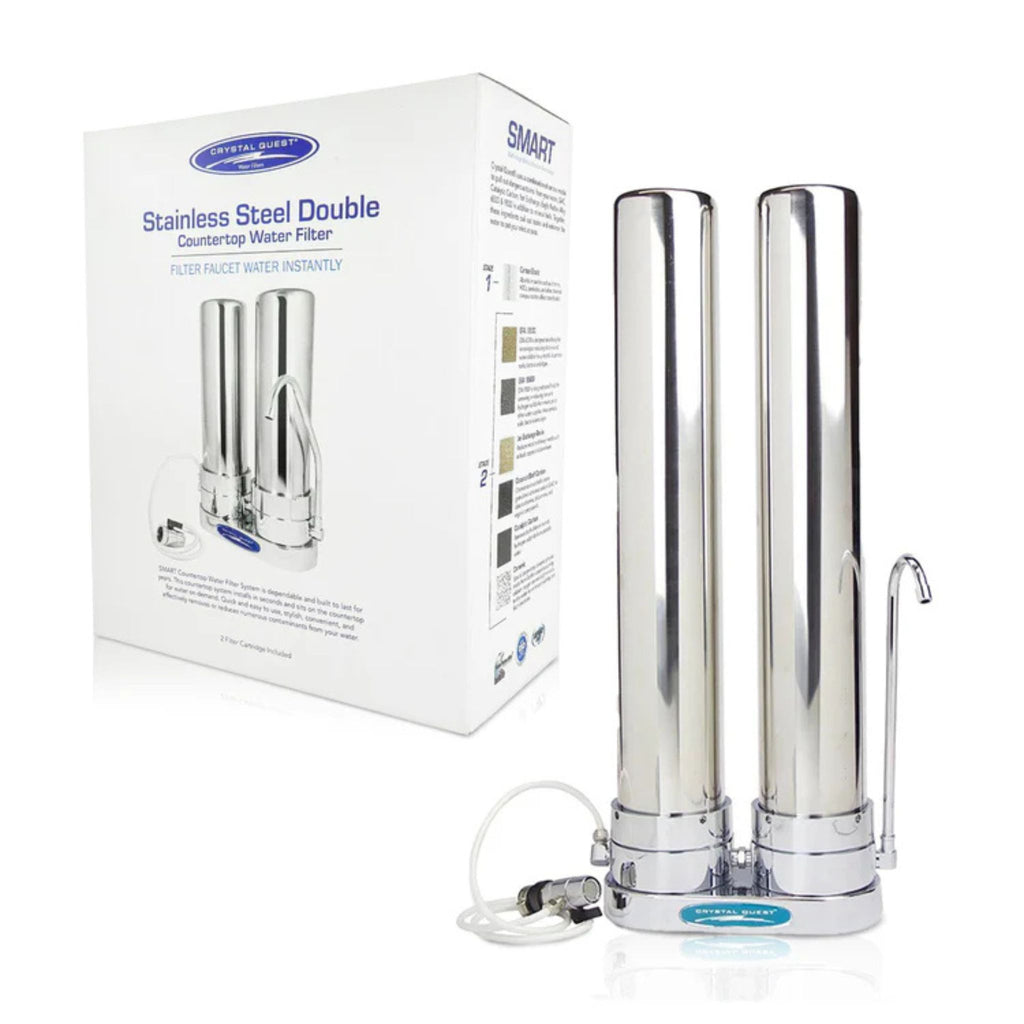 Stainless steel double countertop water filter with packaging on a white background