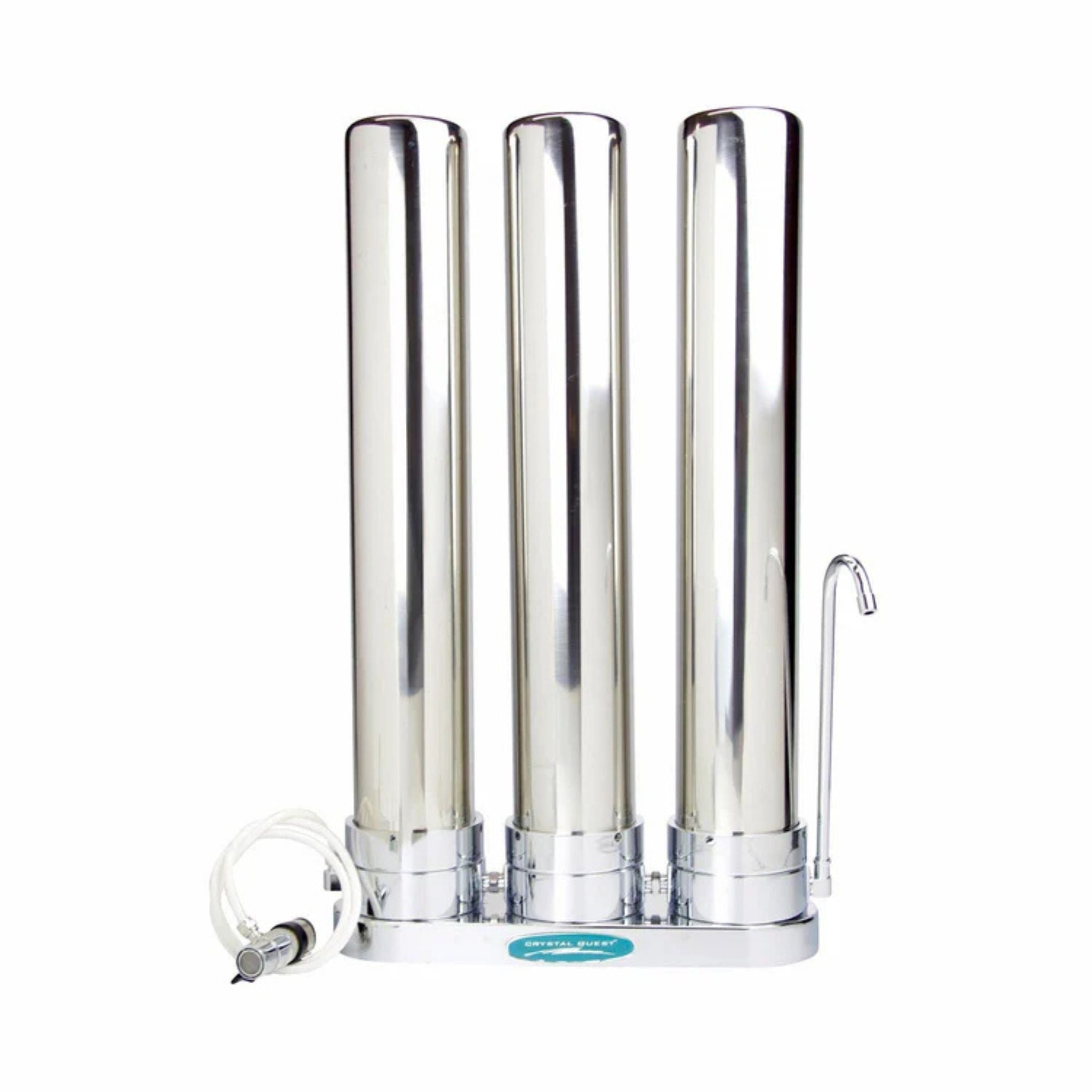 A three-cylinder stainless steel water filter system with a matching base, a small white hose with a connector, and a curved metal spout, shown on a plain white background.