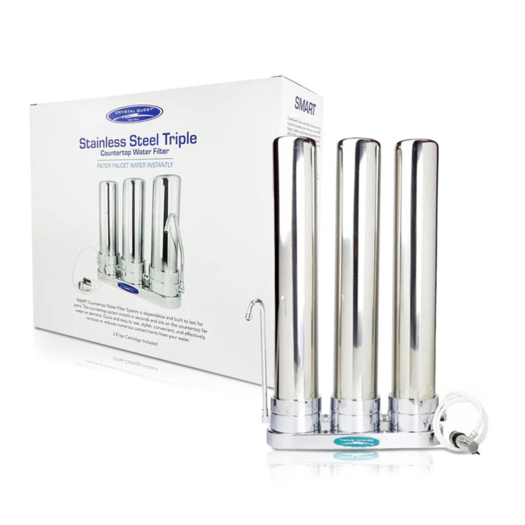 A 3-pack of stainless steel triple countertop water filters standing upright on a white base next to their white retail packaging box, with a white cord visible.