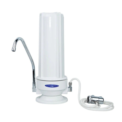 White water filter with a faucet on a white background