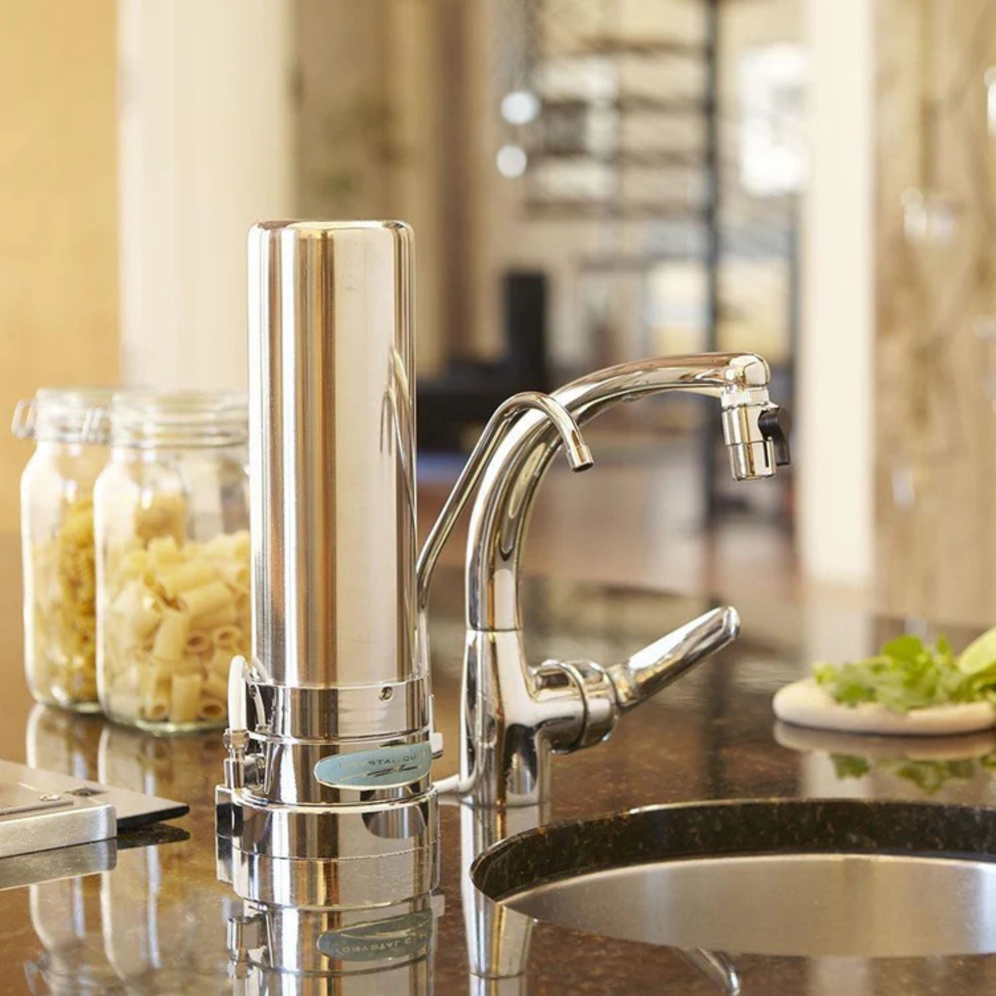 Chrome water filter and faucet on a kitchen counter with blurred background