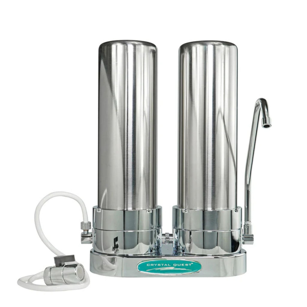 Stainless steel water filter with Crystal Quest branding on a white background