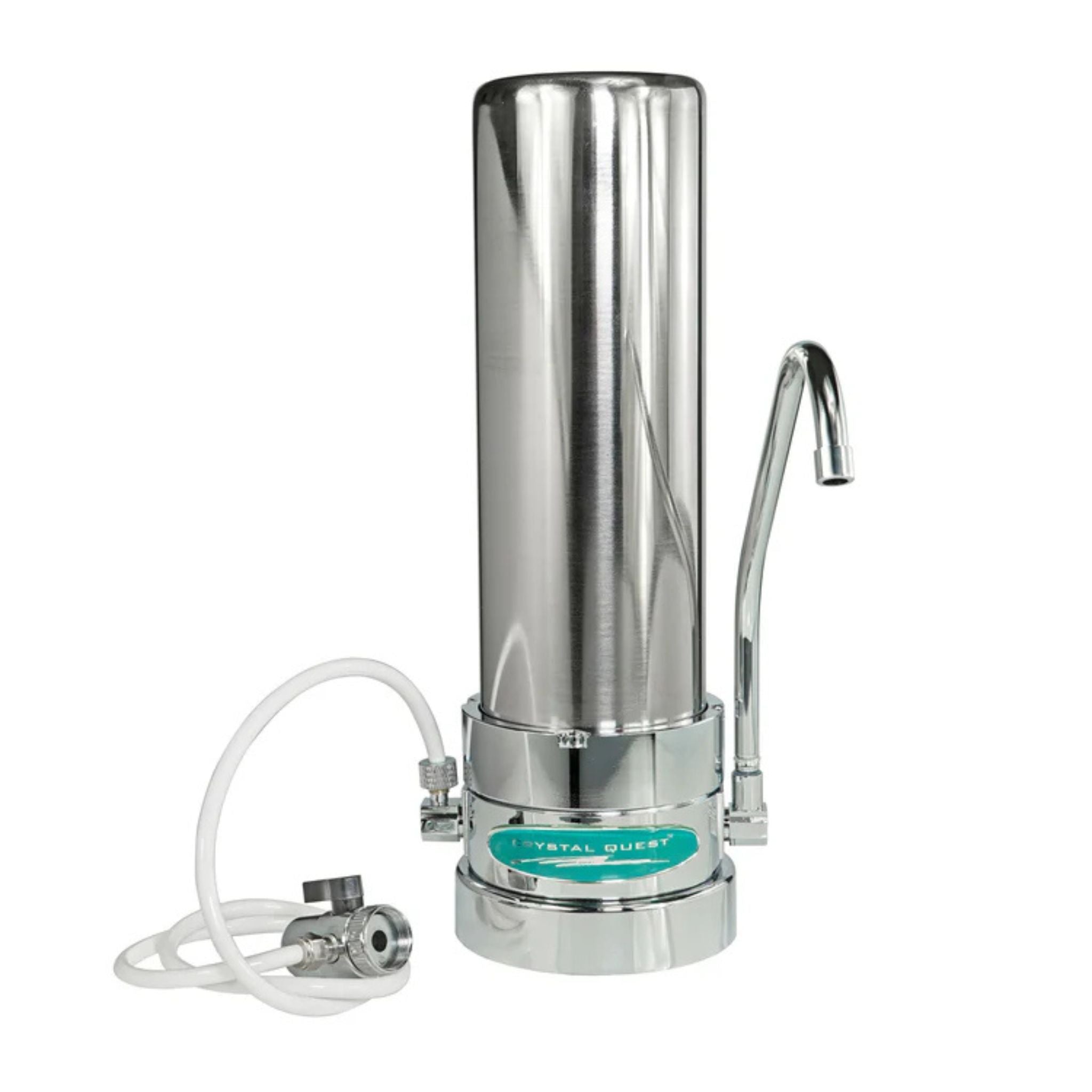 Stainless steel water filter with faucet on a white background
