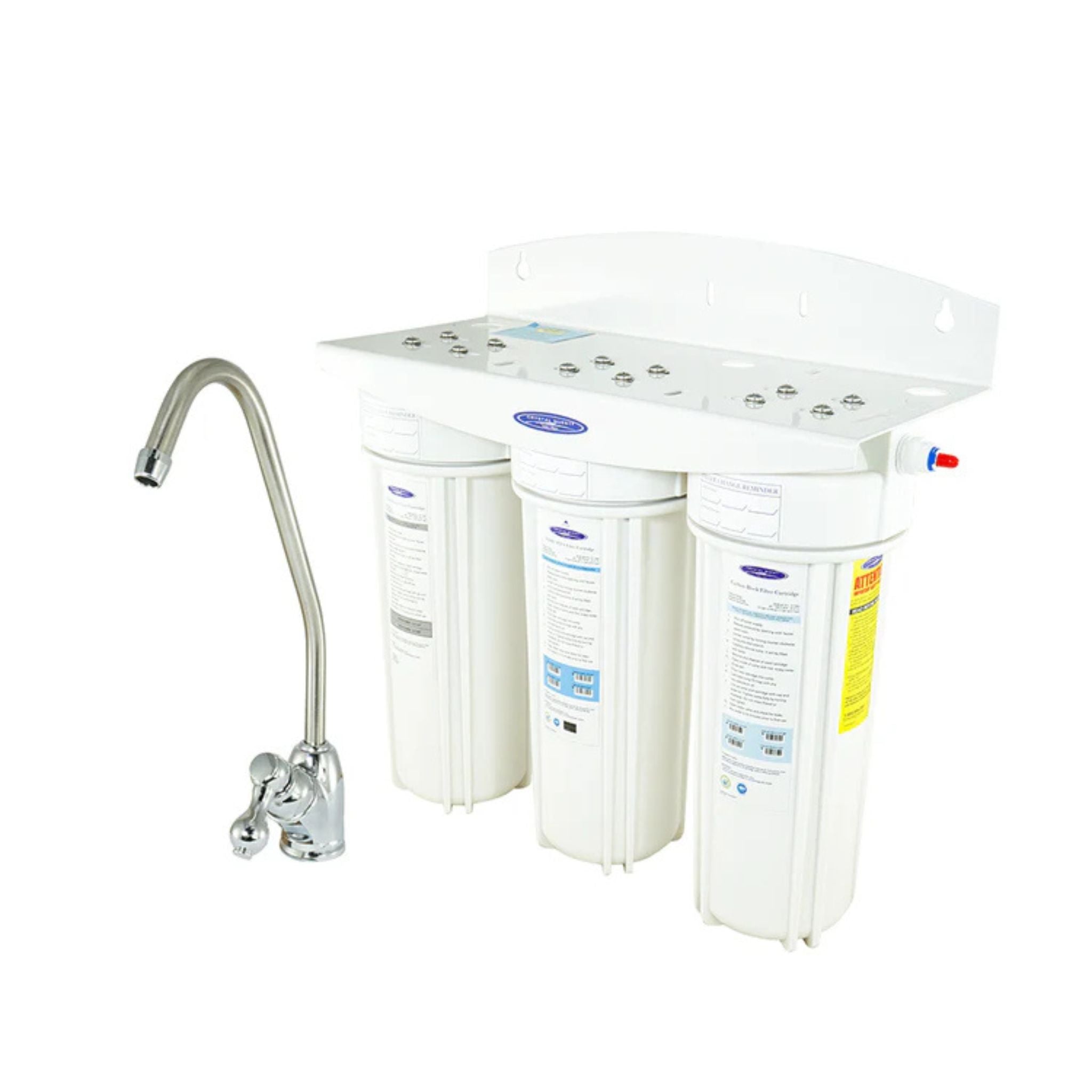 White water filter system with a faucet on a white background