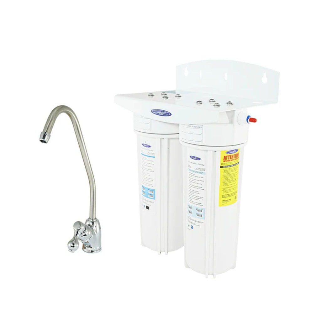 White water filtration system with a flexible faucet on a white background