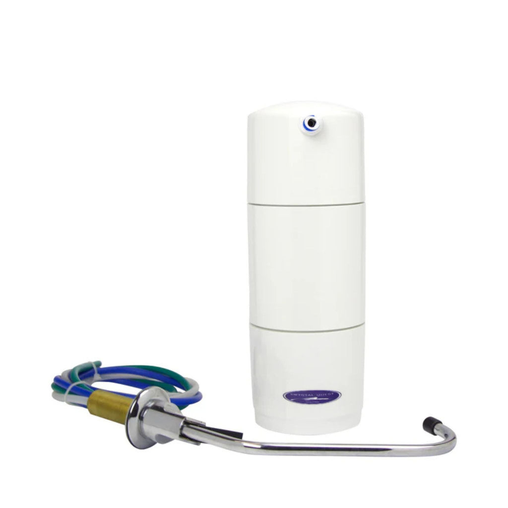 White water filter with a flexible hose on a white background