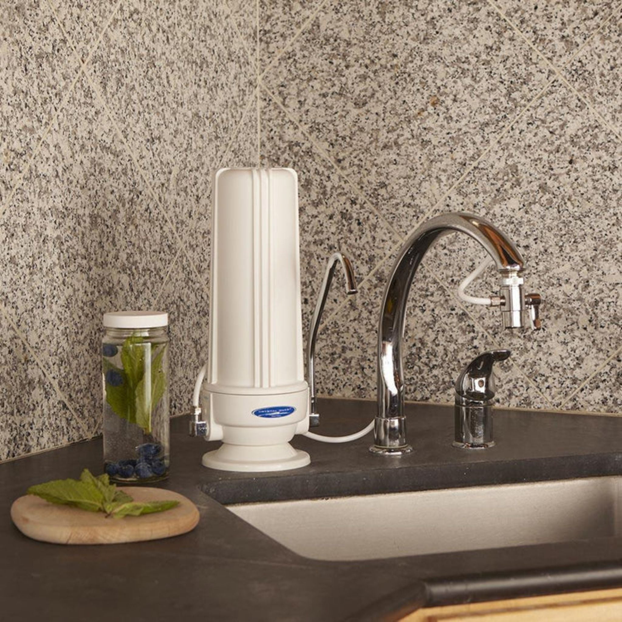 Water filter on a kitchen counter next to a sink with a speckled backsplash.