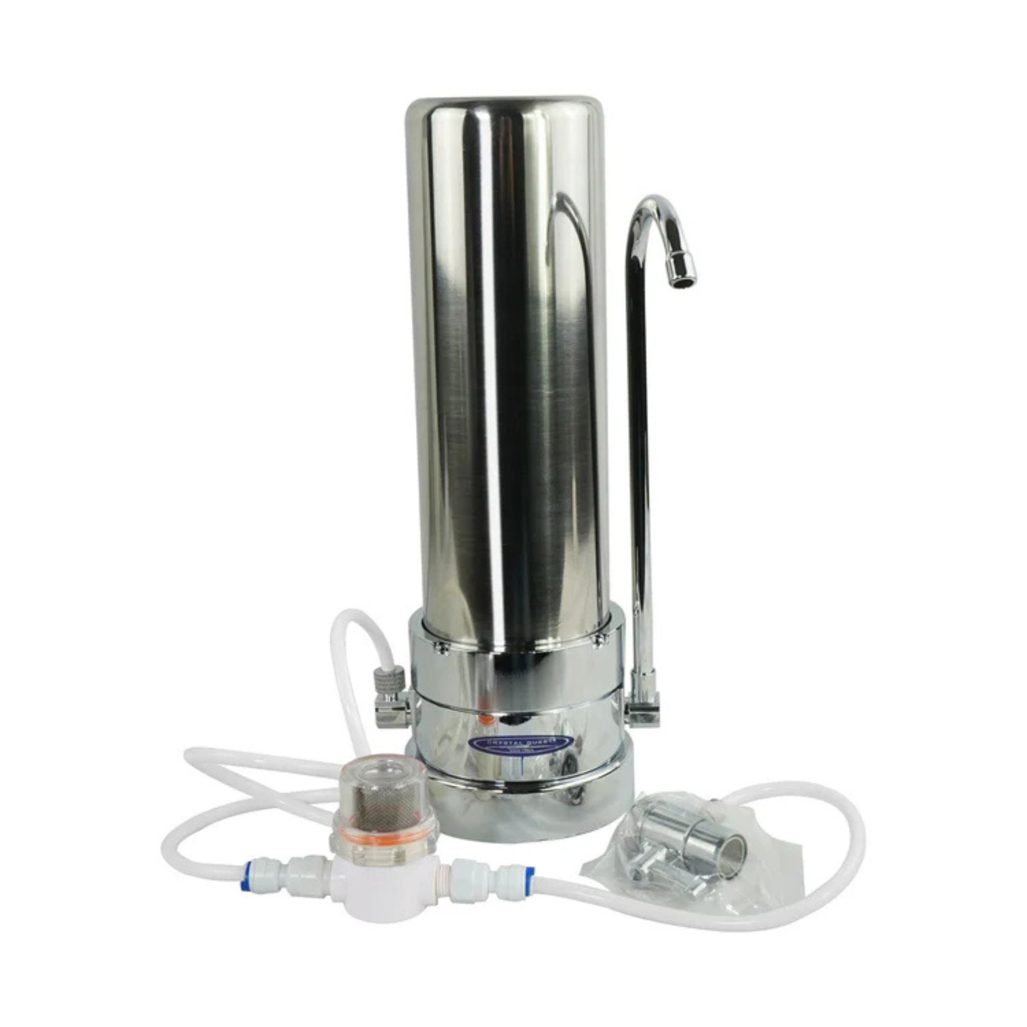 Stainless steel water filter with faucet on a white background