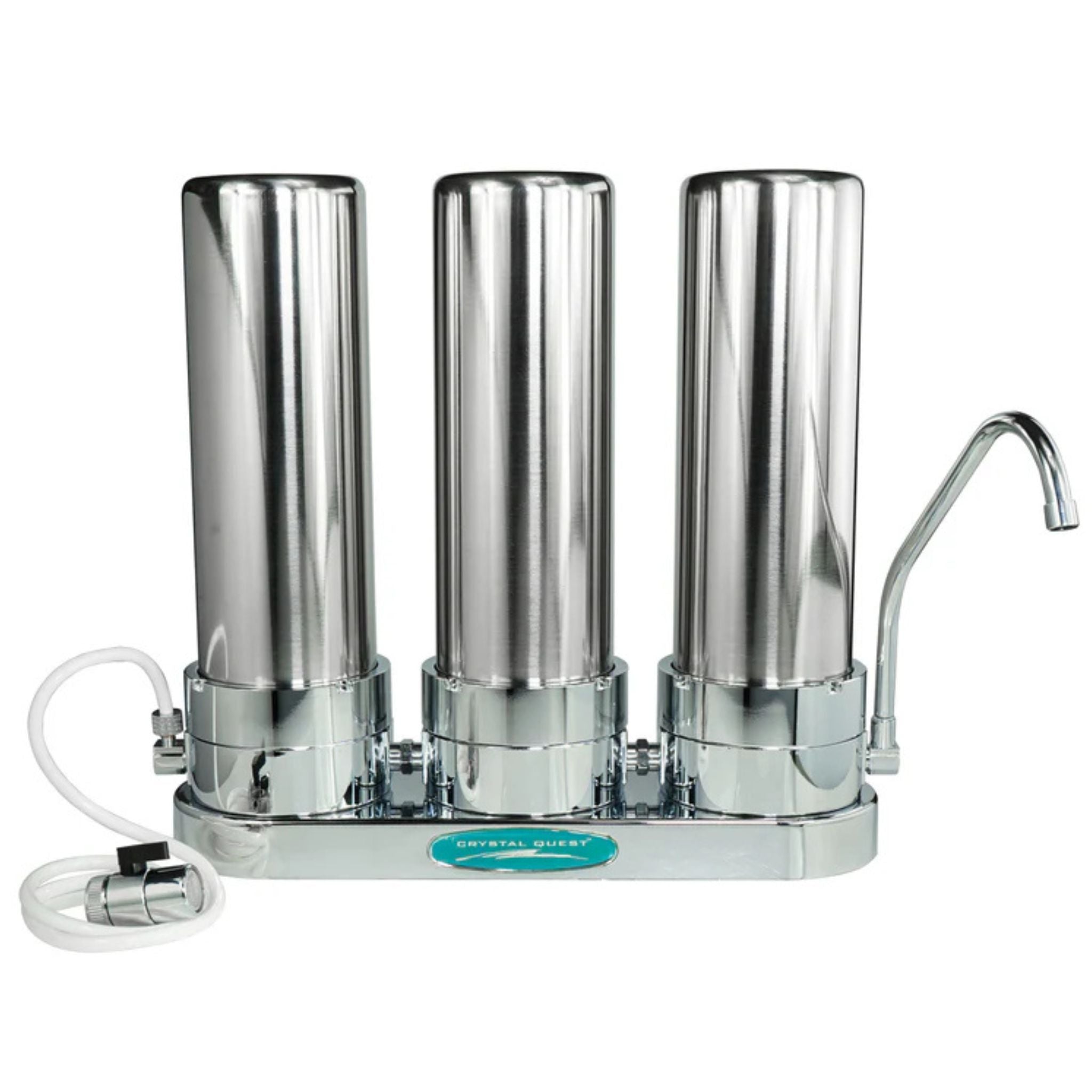 A three-cylinder stainless steel water filter pitcher with a curved spout, a white connection hose, and a small teal label on the base, shown on a plain white background.