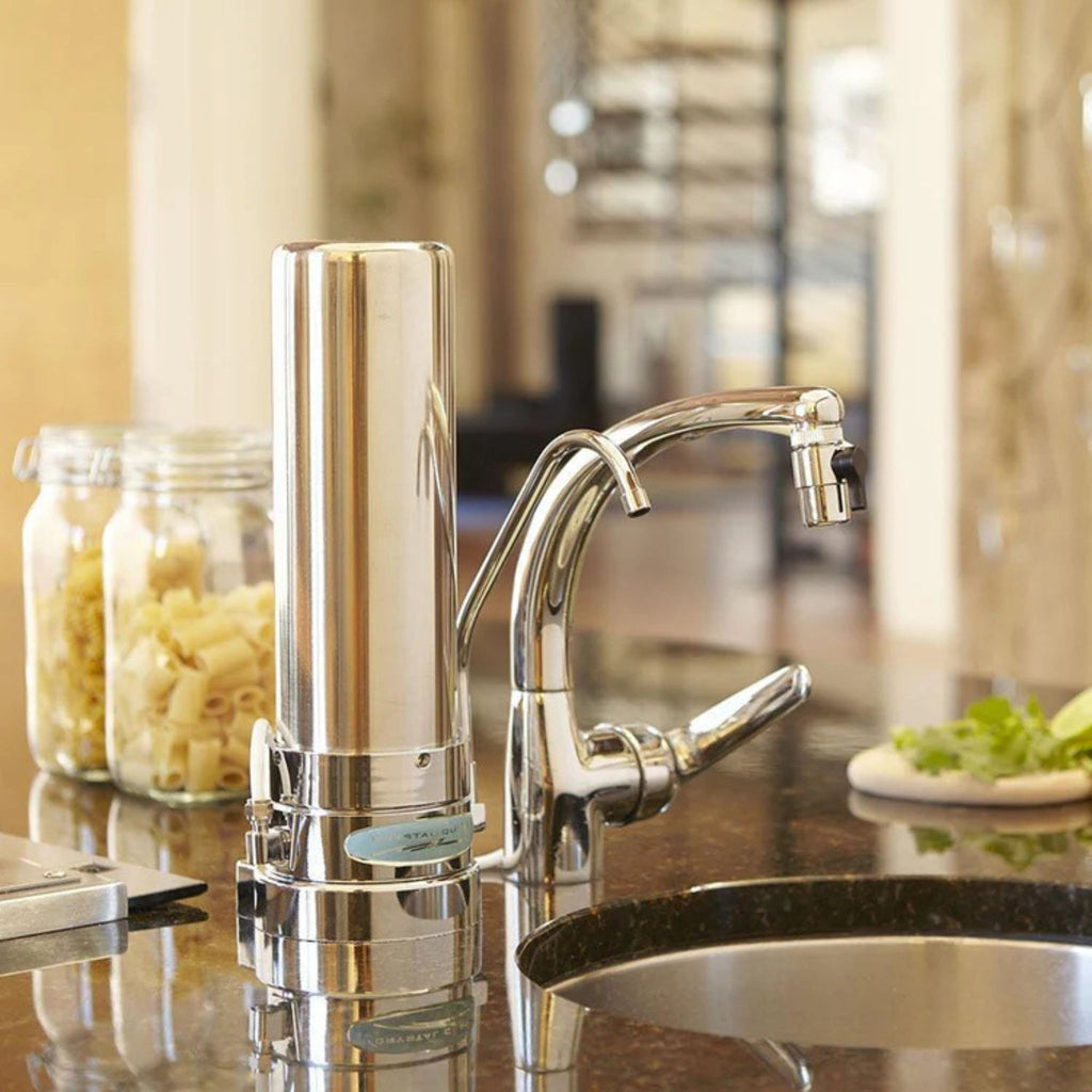 Chrome water filter and faucet on a kitchen counter with blurred background