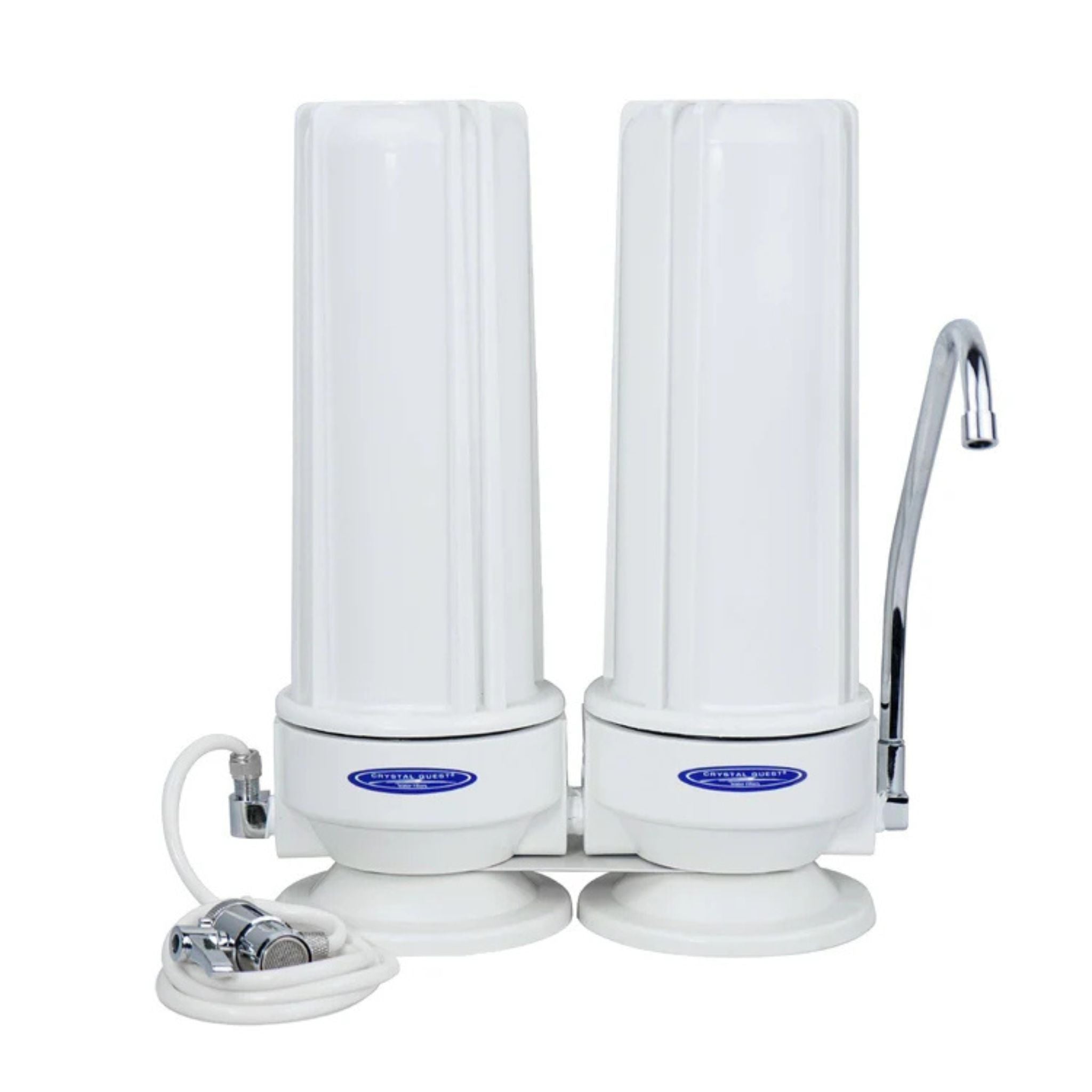 A two-cartridge water filter system with white cylindrical filter canisters, a curved chrome faucet spout, a white supply hose with metal fittings, and blue oval brand badges on the base of each canister, shown on a plain white background.