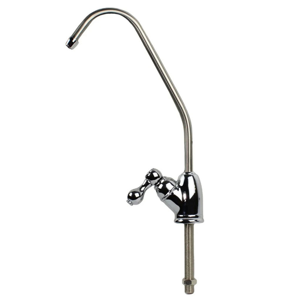 Chrome kitchen faucet with curved spout on a white background