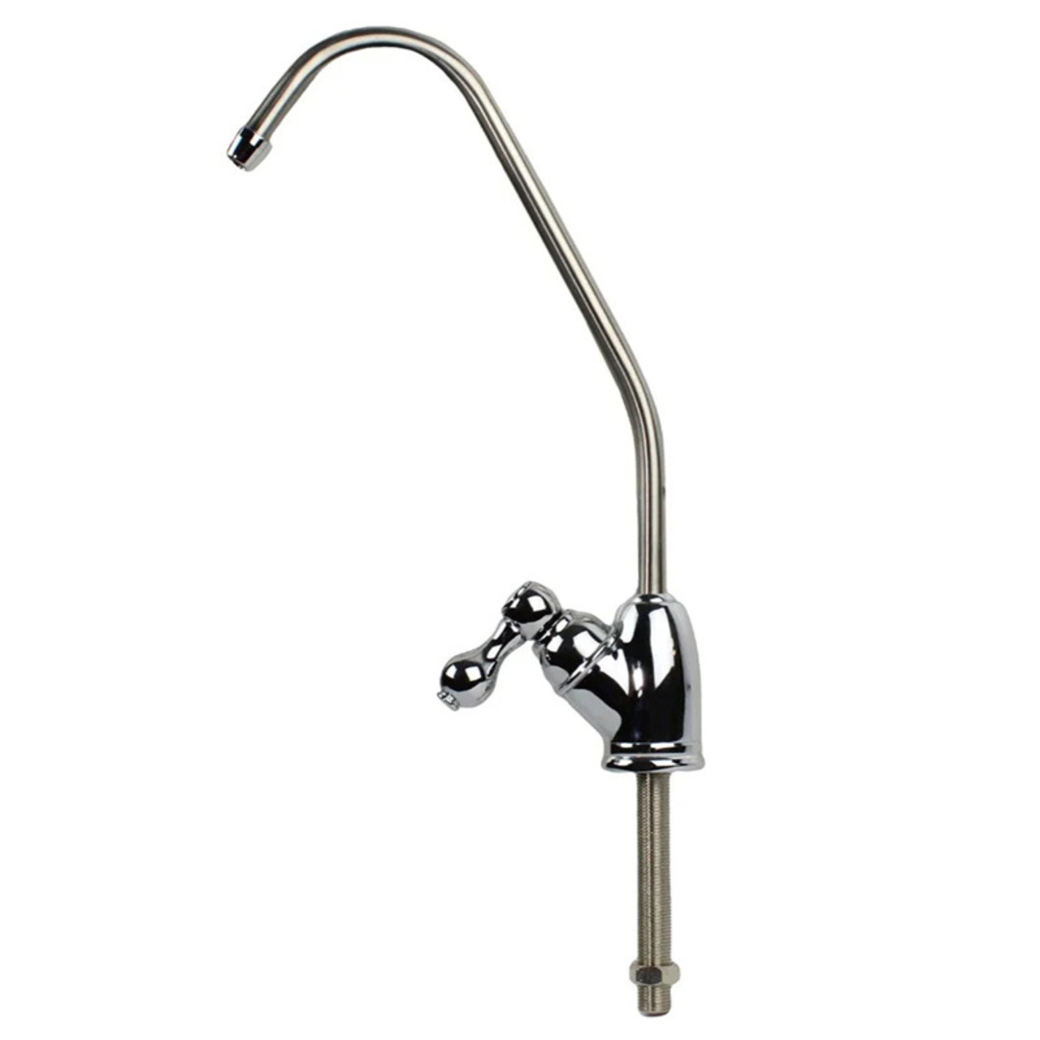 Chrome kitchen faucet with curved spout on a white background
