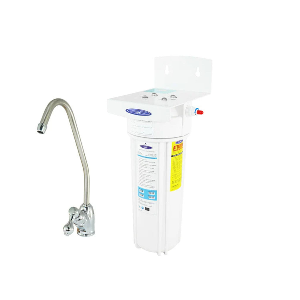 White water filter with a metallic faucet on a white background