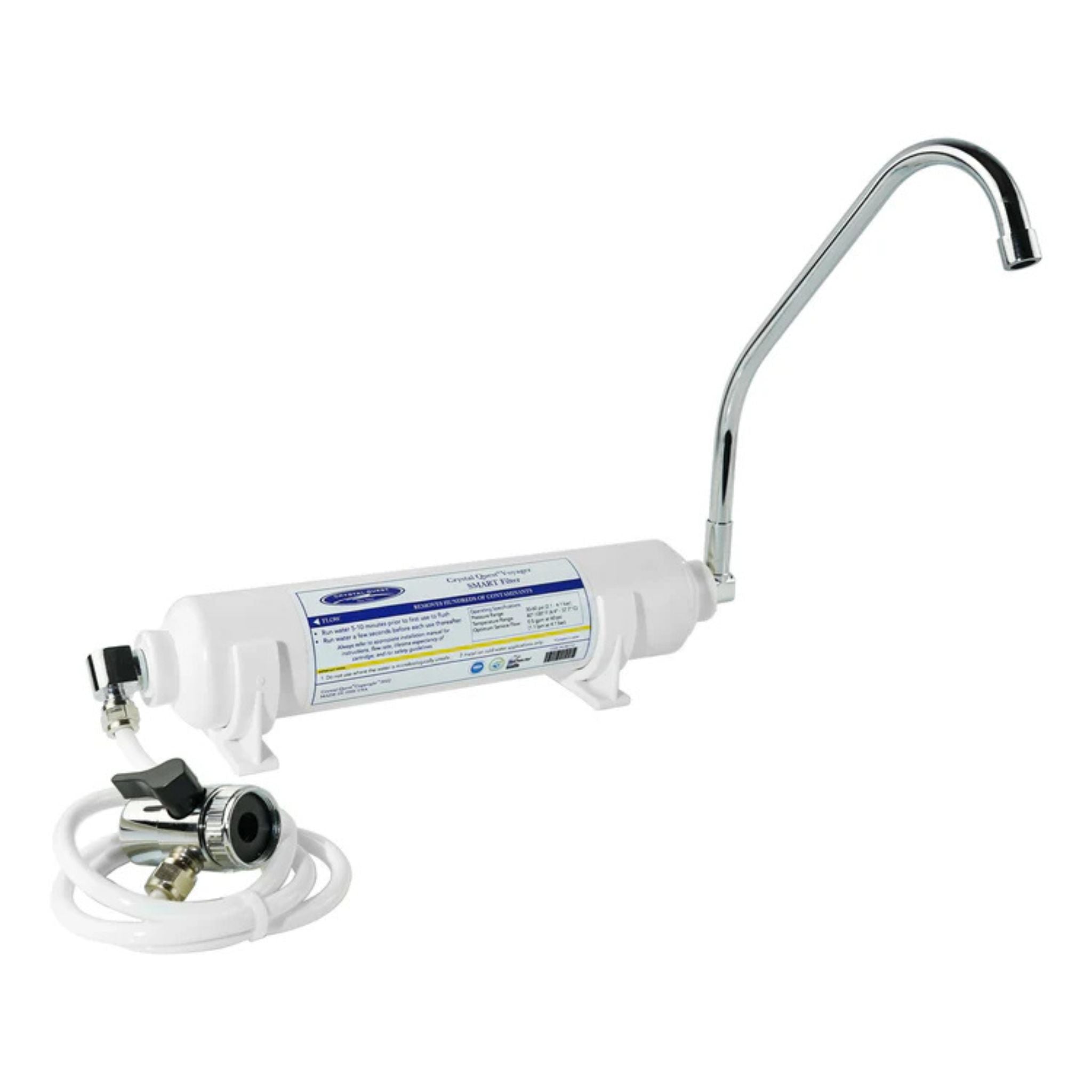 Water filtration system with a curved faucet on a white background