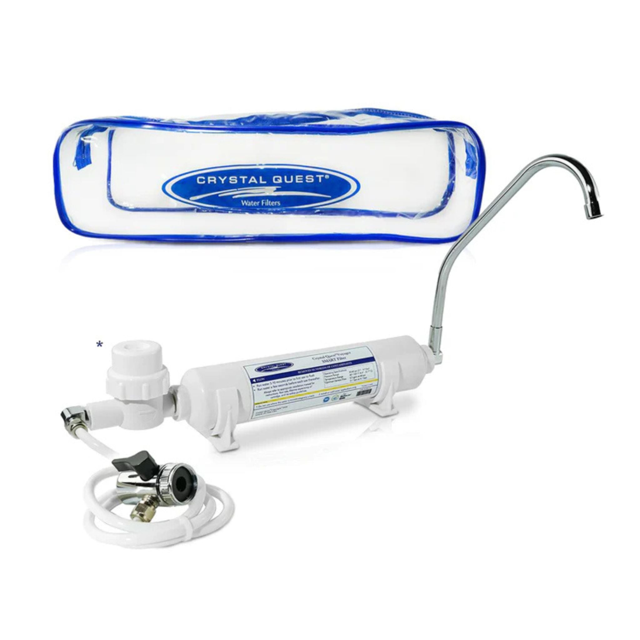Crystal Quest water filter system with a clear container and white filter housing on a white background.