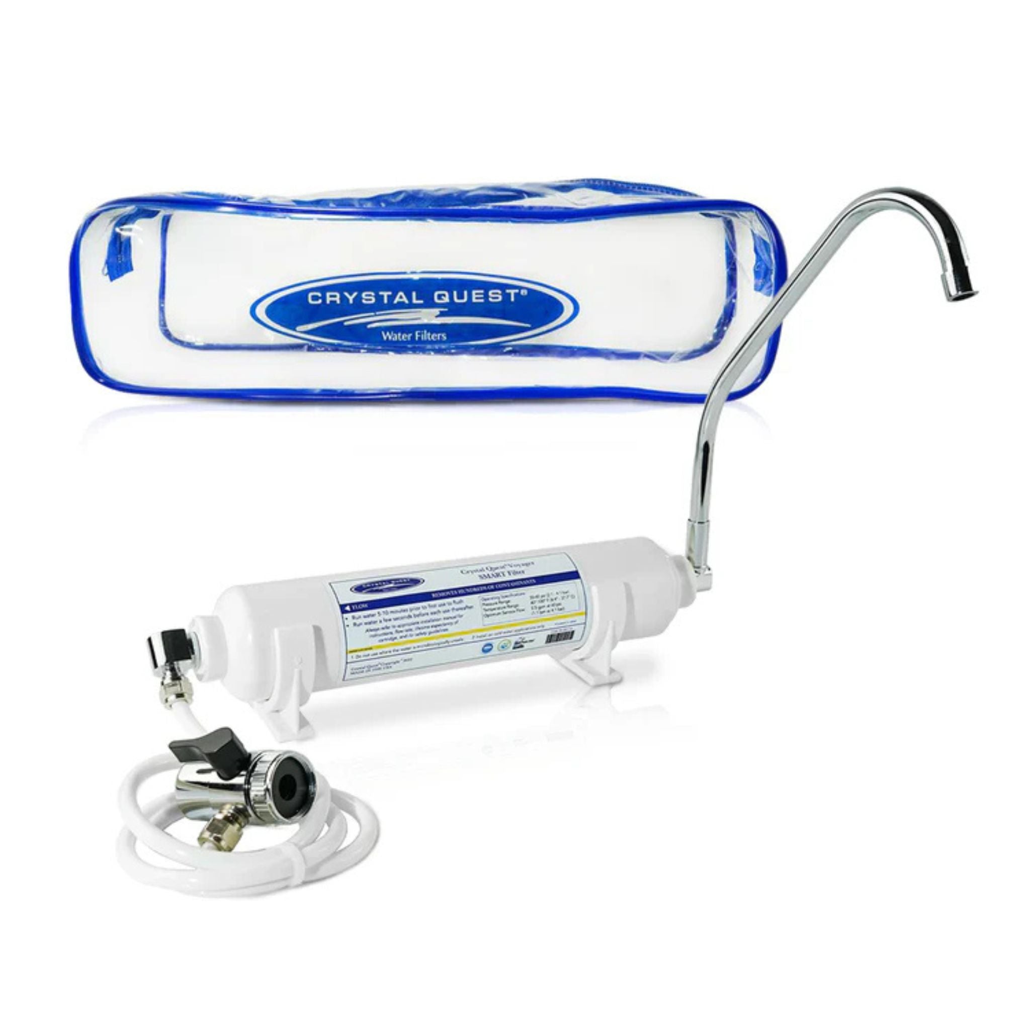 Crystal Quest water filter system with packaging on a white background